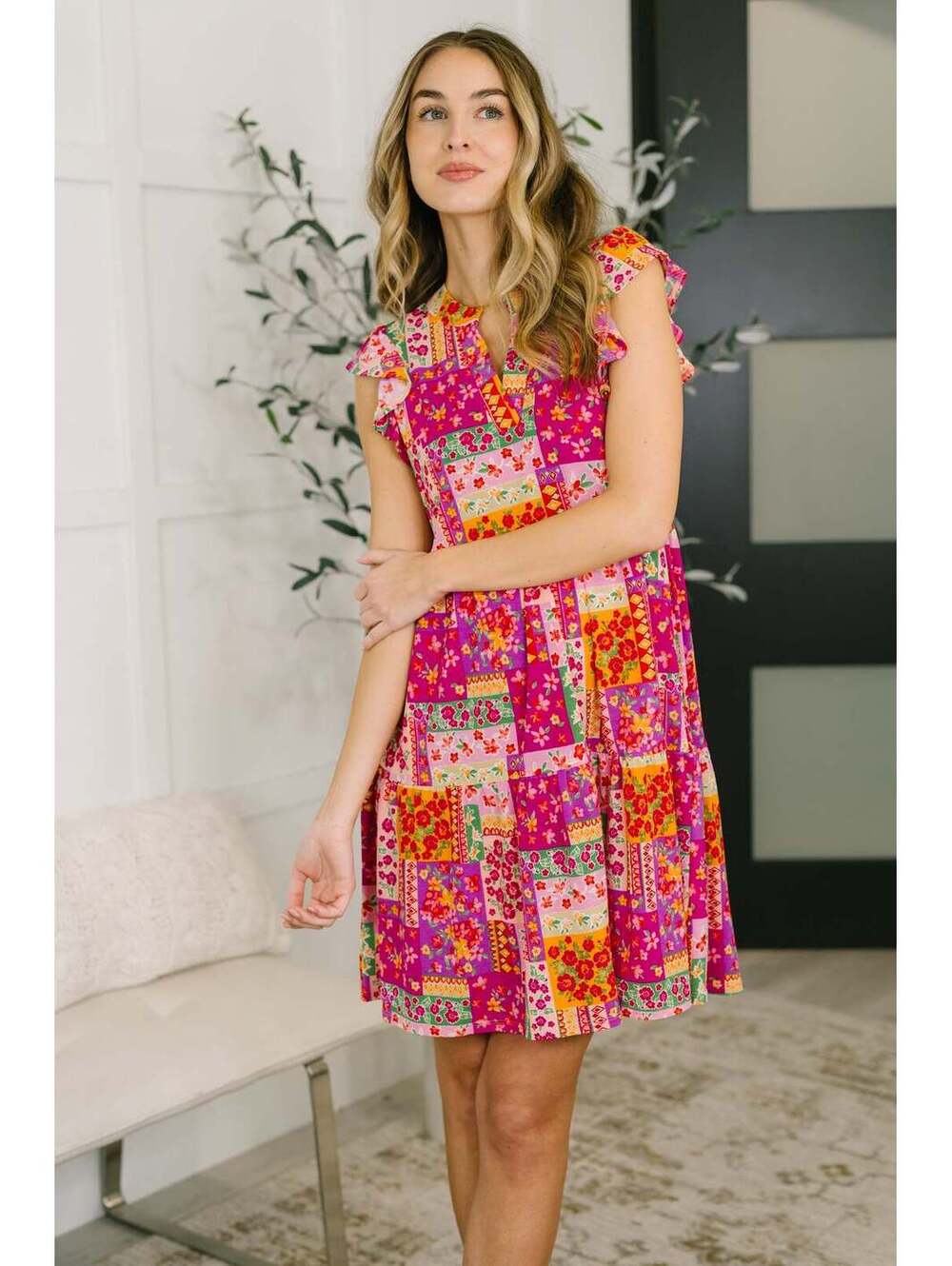 Lizzy Flutter Sleeve Dress in Patchwork Floral
